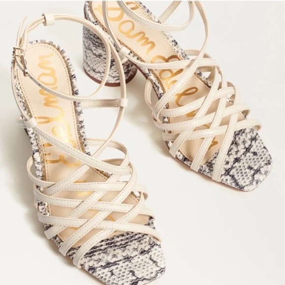 Sam Edelman Daffodil Strappy Snake Print Heeled Sandals IVORY Leather - Picture 1 of 7
